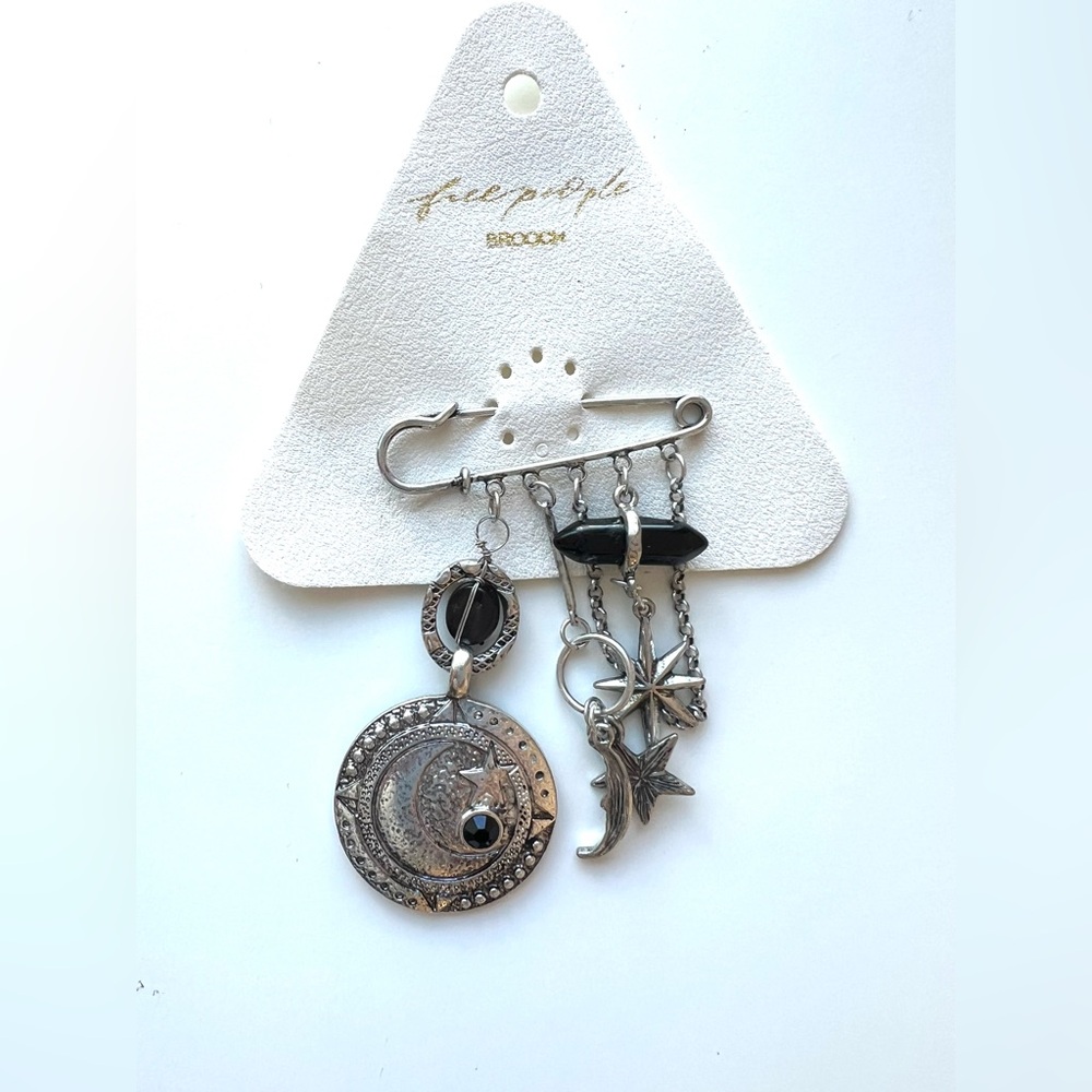 Free People Silver Carry On Dangle Pin Brooch with Black Accents
